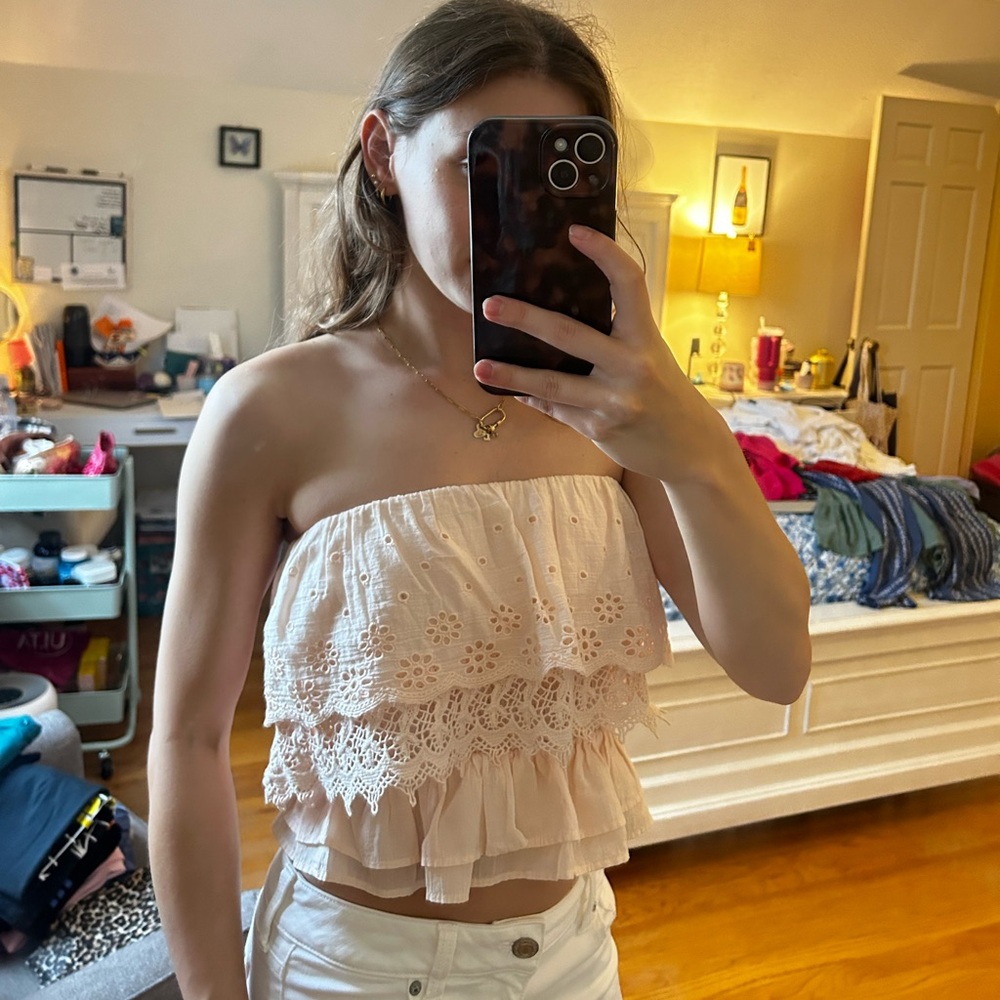 American Eagle strapless boho cropped eyelet top